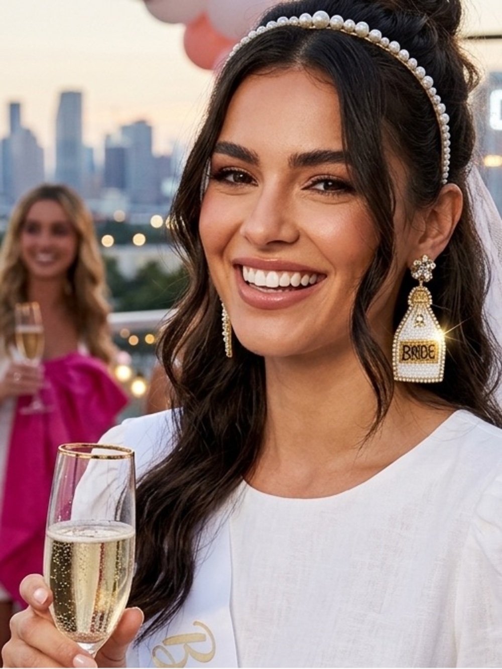 Seed Beaded Bride Champagne Bottle Earrings